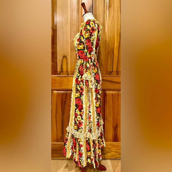 VTG 1960s Lorrie Deb, San Francisco Lace/Floral Ruffled Maxi Prairie Dress EUC M - Picture 4 of 16